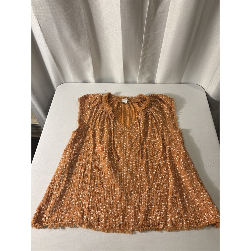 True Craft Shirt Womens XL Orange Floral Peasant Boho‎ Tie Neck Cotton